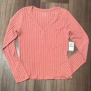 Ribbed Mauve Pink V-Neck Long Sleeve Top